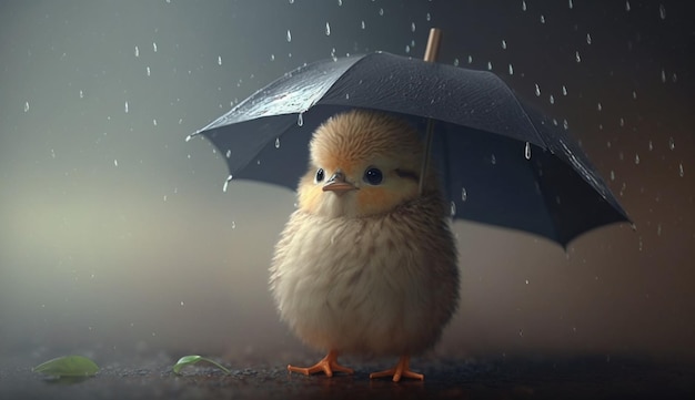 Frango de desenho animado fofo segurando um guarda-chuva na chuva generativa AI