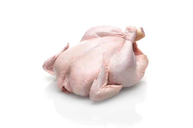 Frango de galinha cru isolado no fundo branco. Opinião do close up inteiro do frango cru fresco.