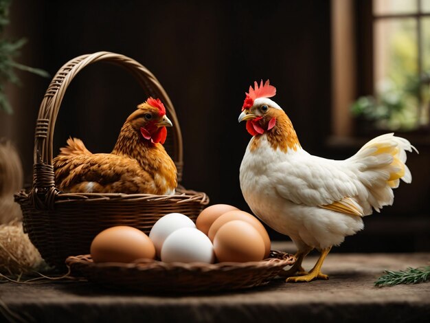 Frango e ovos em uma cesta de vime sobre fundo de madeira