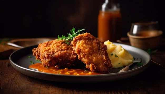 Frango e porco grelhados com legumes frescos gerados por IA