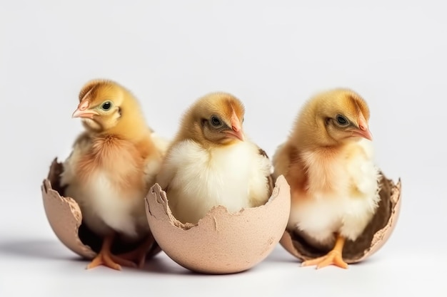 Frango em cascas de ovos em fundo branco IA generativa