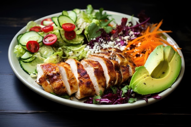 Frango explosivo servido com salada e queijo