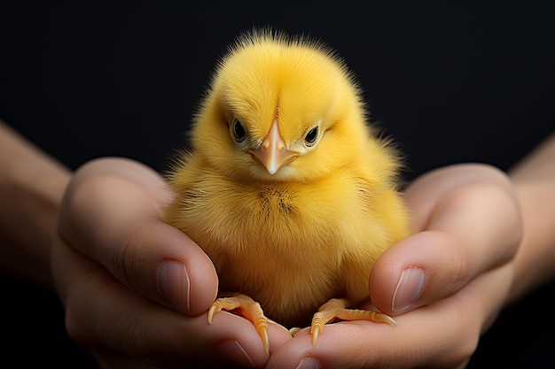 frango fofo pequeno em mãos humanas