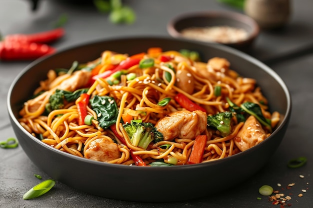 Frango frito chow mein prato tradicional chinês feito com macarrão de ovo e legumes salteados