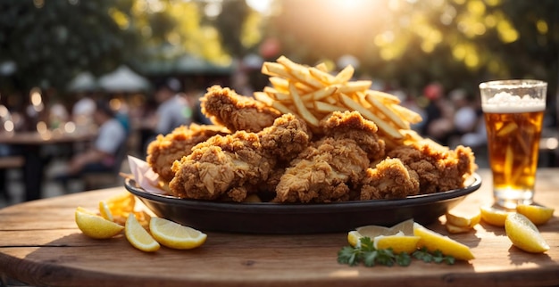 Foto frango frito com batatas fritas e cerveja em uma mesa de madeira em uma festa no quintal