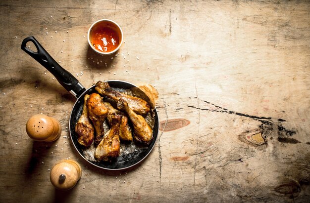 Frango frito com molho de tomate. Em uma mesa de madeira.