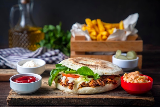 Frango frito com molho em pão pita servido com molhos para salada. nome turco; tavuk kokorec ou tavuk doner ou tavuk durum)