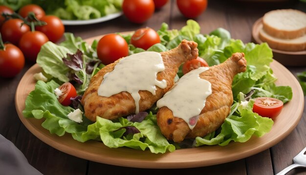 Frango frito com salada como César.