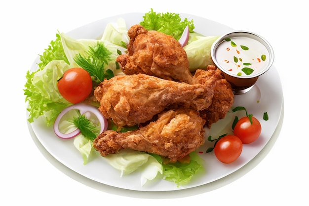 Frango frito com salada no fundo branco