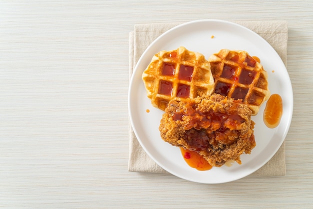 Frango frito com waffle e molho picante