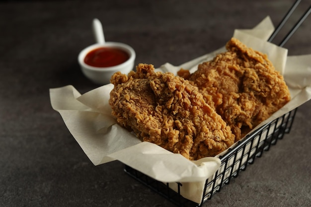 frango frito crocante com molho de tomate com fundo preto