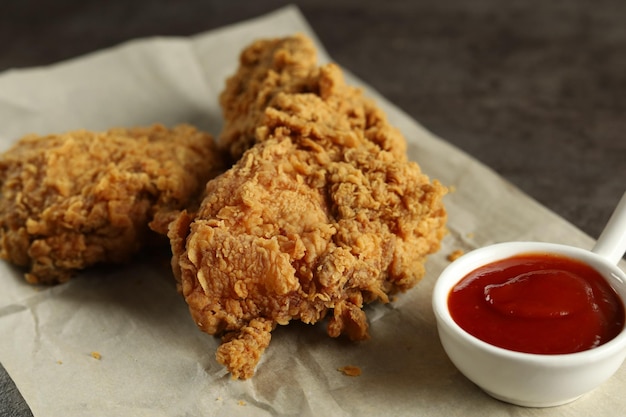 frango frito crocante com molho de tomate com fundo preto