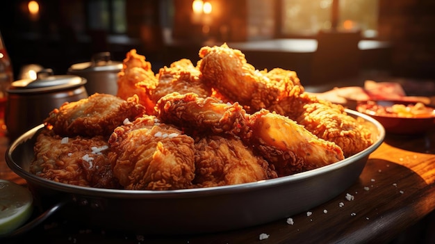 Frango frito delicioso com molho doce e azedo em uma mesa de madeira com um fundo desfocado