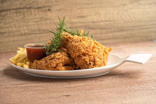 Frango frito e batata frita com folha de alecrim, junk food com alto teor calórico servida em prato branco