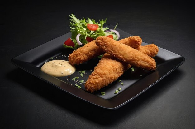 Foto frango frito e crocante com molho em mesa de madeira