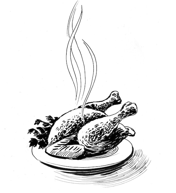 Frango frito e legumes no prato. Desenho de tinta preto e branco