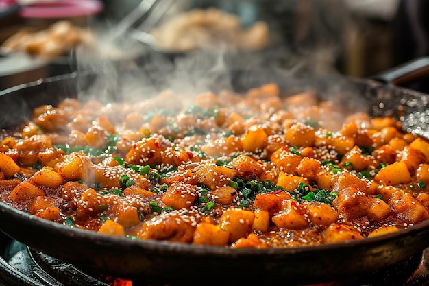 Frango frito em panela quente com molho picante ao estilo coreano