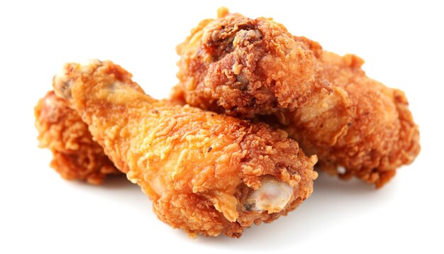 Frango frito em pé sobre um fundo branco