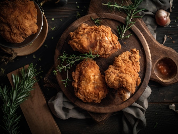 Frango frito em uma cozinha rústica Fotografia de comida