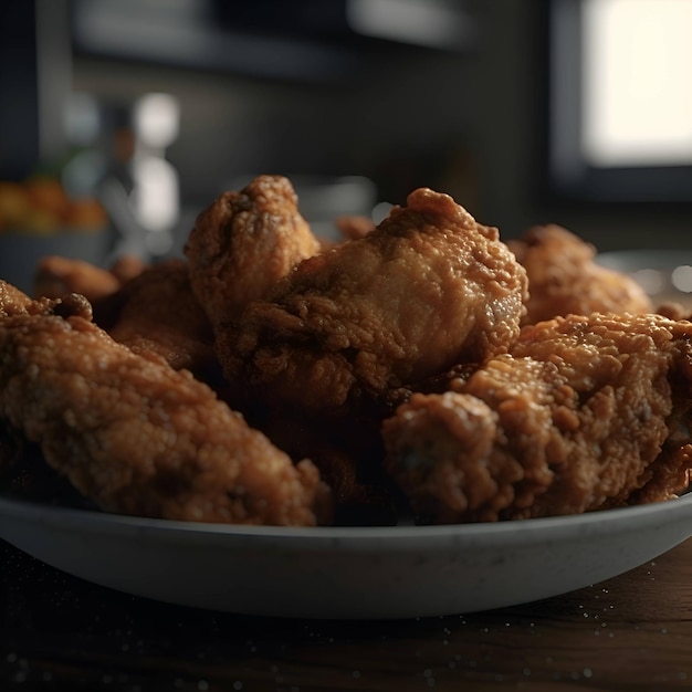 Frango frito em uma tigela na mesa da cozinha foco seletivo