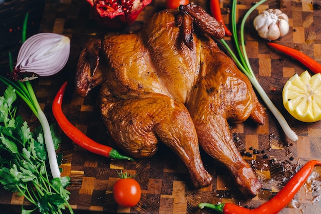 frango fumado frango assado em uma fumadeira em uma tábua de cortar decorado com legumes pimenta pimenta limão alecrim cebola