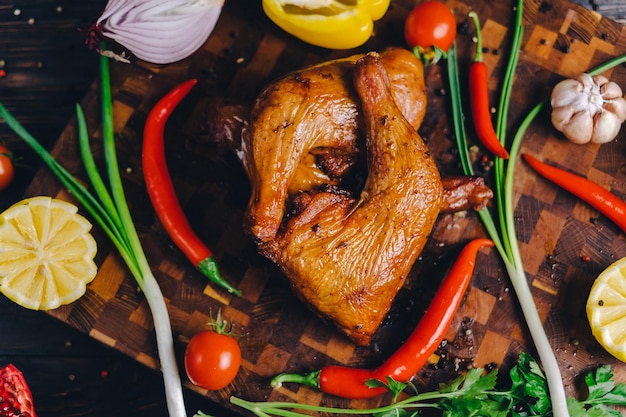 frango fumado frango assado em uma fumadeira em uma tábua de corte decorada com legumes pimenta