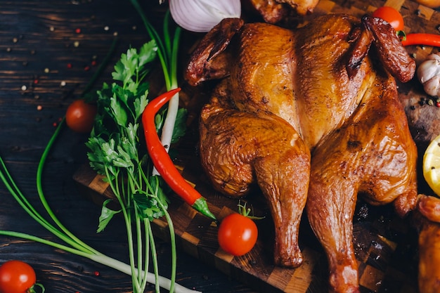 frango fumado frango assado em uma fumadeira em uma tábua de corte decorada com vegetais