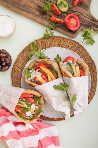 Frango grego souvlaki ona pita com legumes frescos com molho tzatziki