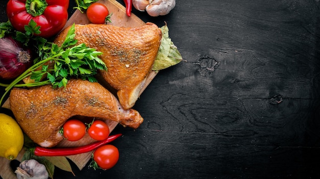 Frango grelhado com alho, cebola, pimentão e especiarias. Em um fundo preto de madeira. Espaço livre para texto. Vista do topo.