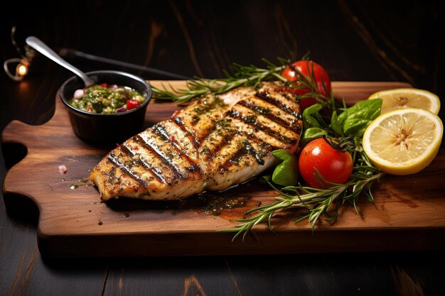 Frango grelhado com legumes e salada em uma tábua