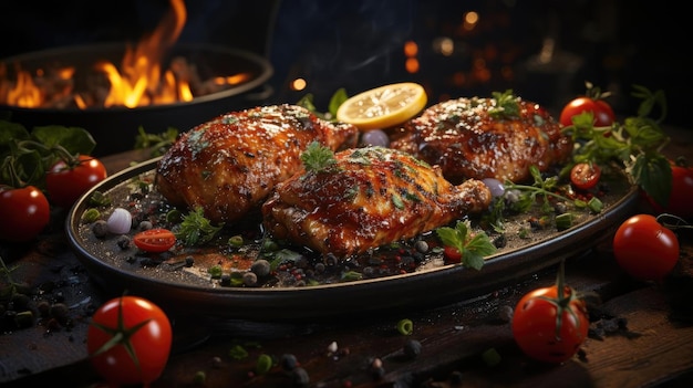 Frango grelhado com molho de churrasco em um fundo preto e desfocado