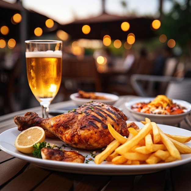 Frango grelhado com uma porção de batatas fritas e um restaurante turvo de bebidas ao fundo