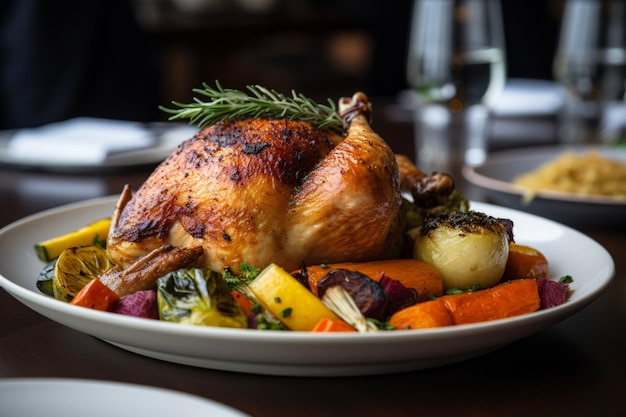 Frango grelhado em um prato branco rodeado por legumes frescos