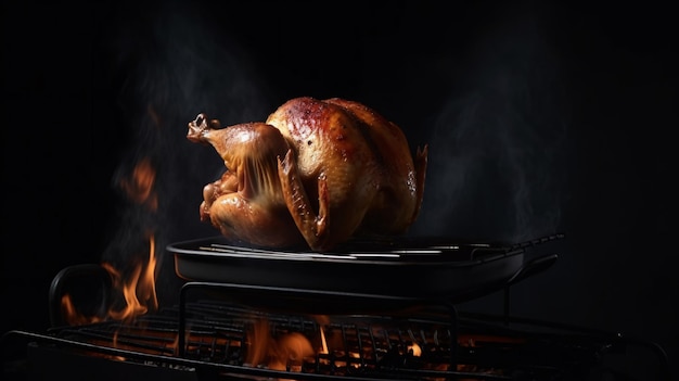 Frango grelhado suculento assado no delicioso churrasco com fundo de fogo e fumaça Frango na grelha