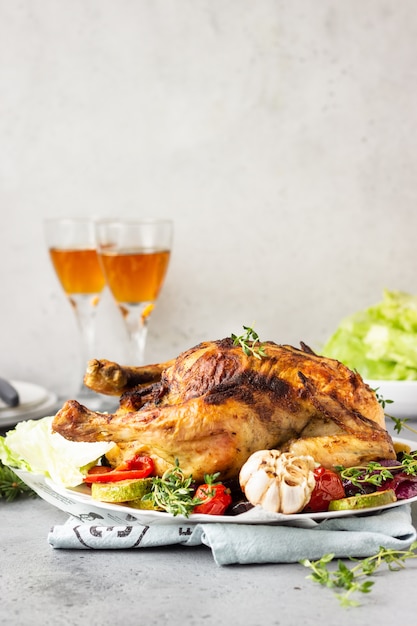 Frango inteiro assado com legumes, tomilho e salada em um prato de cerâmico branco.