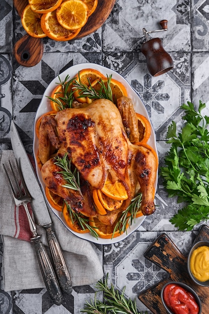 Frango inteiro assado ou assado com alecrim e laranja, caseiro para jantar em família em mesa de pedra marrom. vista superior com espaço de cópia.