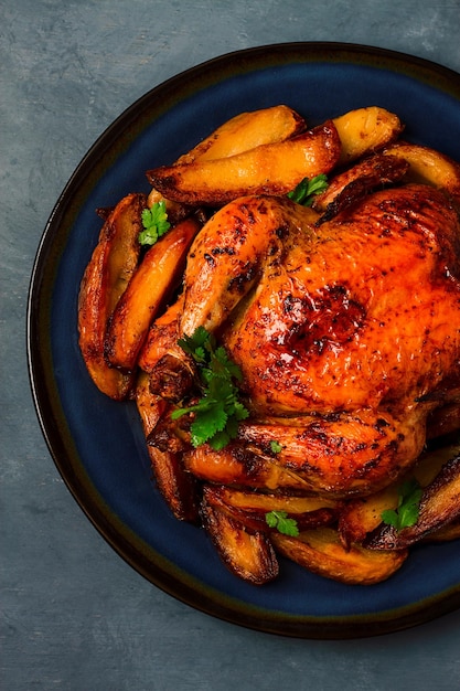 Frango inteiro frito com batatas em um fundo cinza sem pessoas