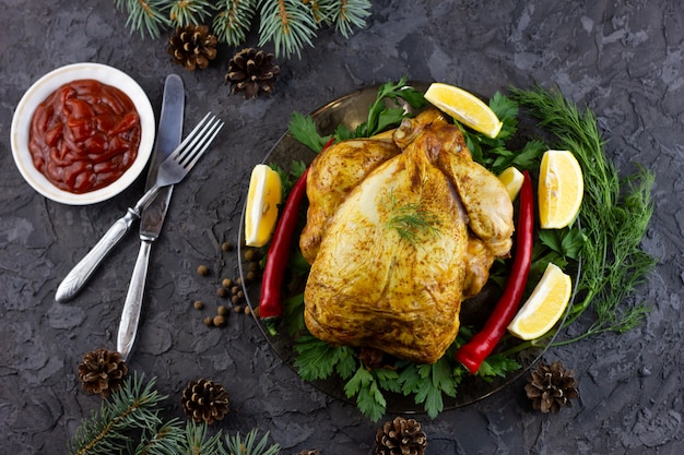 Frango inteiro frito em uma bandeja