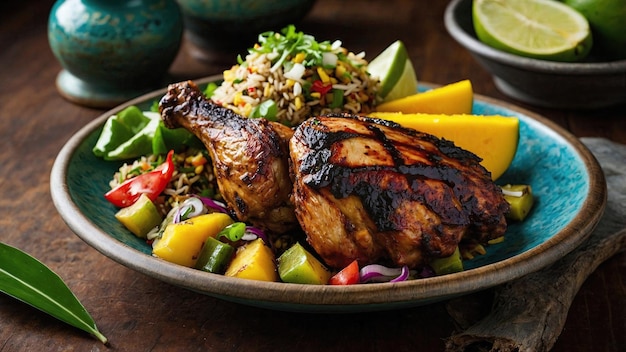 Frango jamaicano com arroz, coxas de frango assadas à perfeição num leito de arroz perfumado.