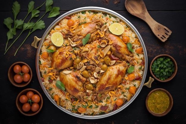 Foto frango kabsa biryani árabe caseiro vista aérea