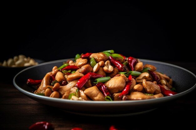 Frango kung pao com cebolas verdes e pimentas vermelhas