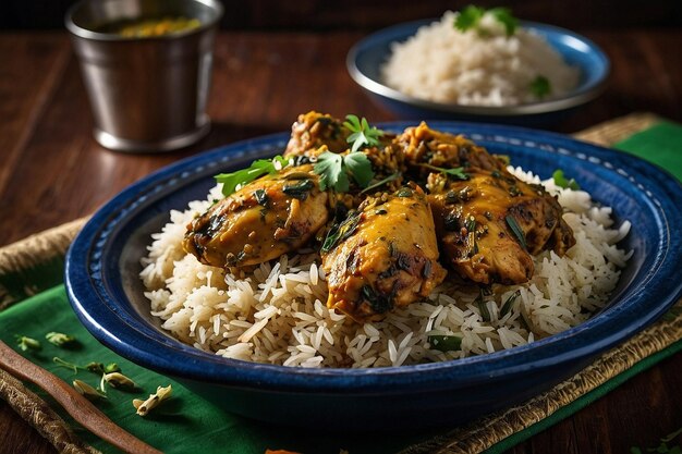 Frango methi saboroso acompanhado de arroz jeera