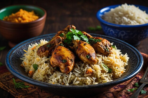 Frango methi servido com arroz pulao