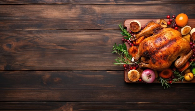 Foto frango ou peru inteiro assado com vegetais de outono para o jantar de ação de graças em fundo de madeira conceito de dia de ações de graças vista superior espaço de cópia