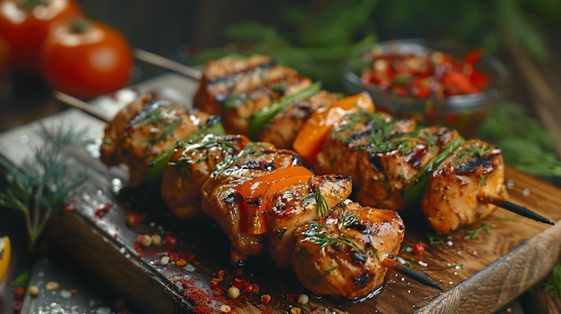 Frango picado acompanhado de fatias de pimenta doce e endro