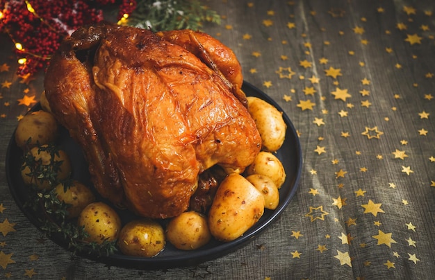 Frango quente com batatas em um prato e ramos de abeto com uma guirlanda em uma mesa