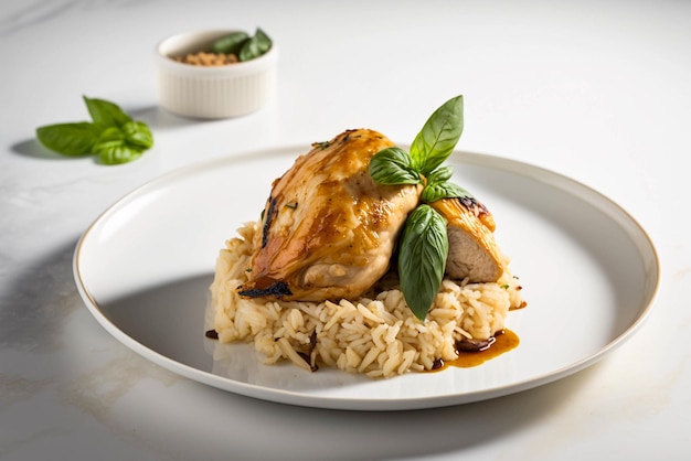 Frango reconfortante e refeição de arroz em uma mesa