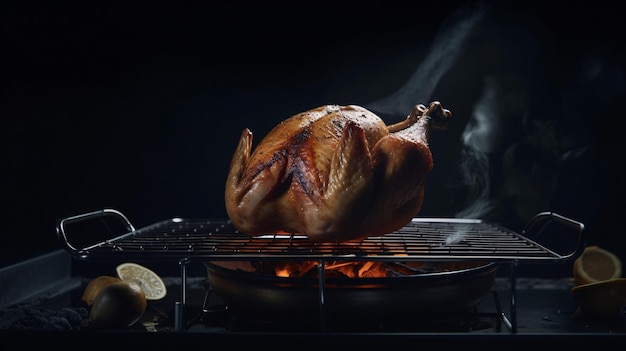 Frango suculento grelhado no delicioso churrasco com fundo de fogo e fumaça Frango assado na grelha