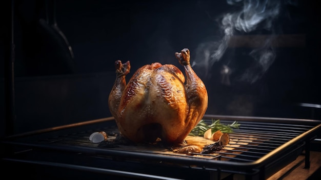 Frango suculento temperado grelhado no delicioso churrasco com fundo de fogo e fumaça Frango grelhado assado na grelha com cobertura doce