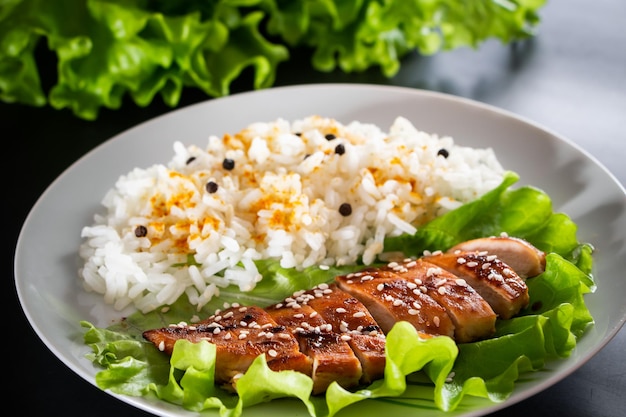 Frango teriyaki de comida caseira com arroz branco e pimenta em um fundo preto